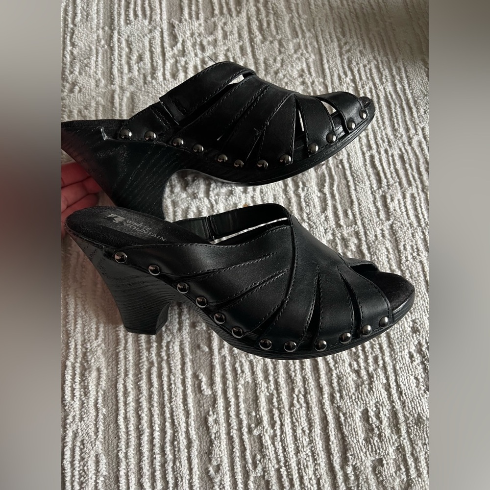 White Mountain Black Heeled Mules with Studded Detail